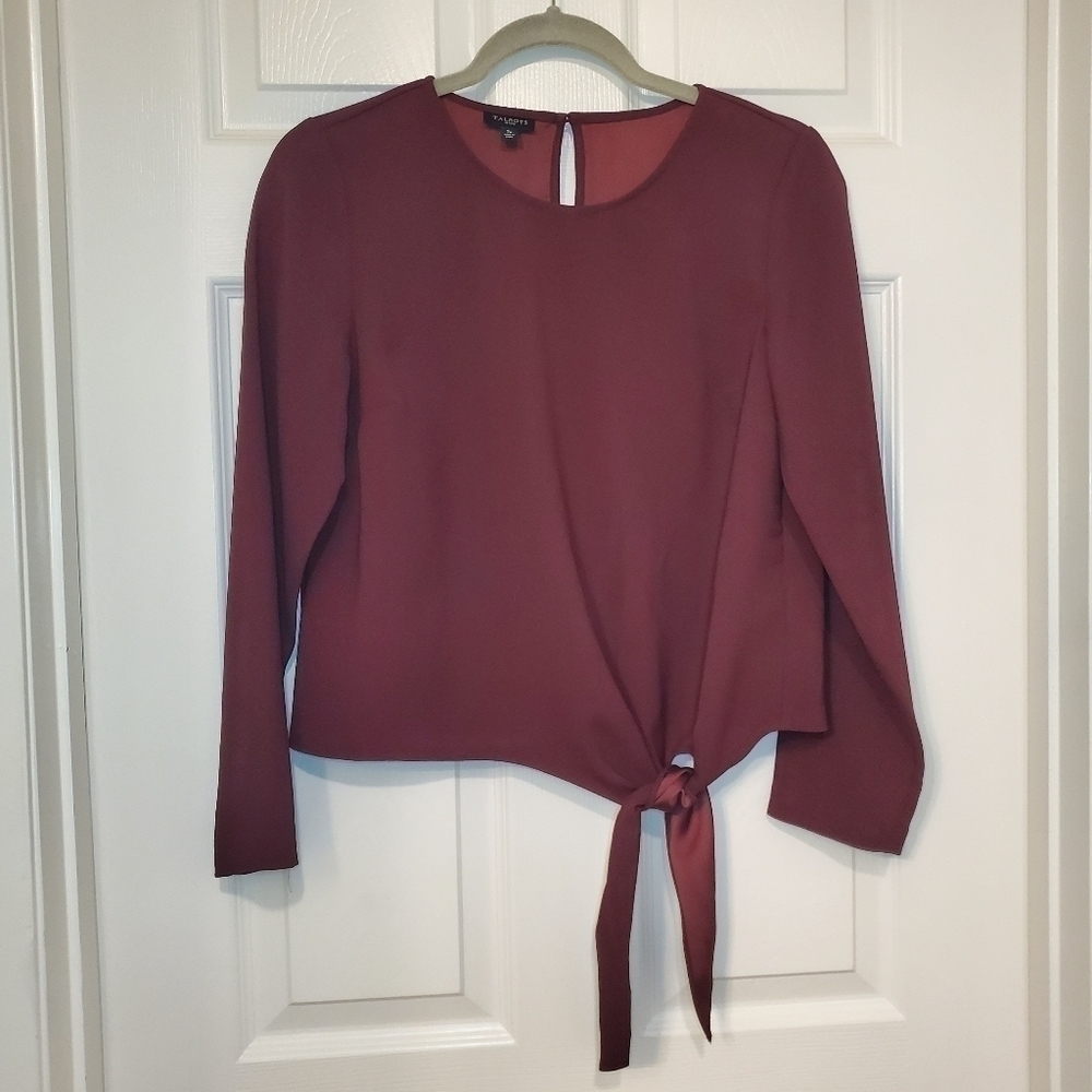 Talbots Small Petite Maroon Burgundy Long Sleeve Blouse Shirt Top Tie Waist